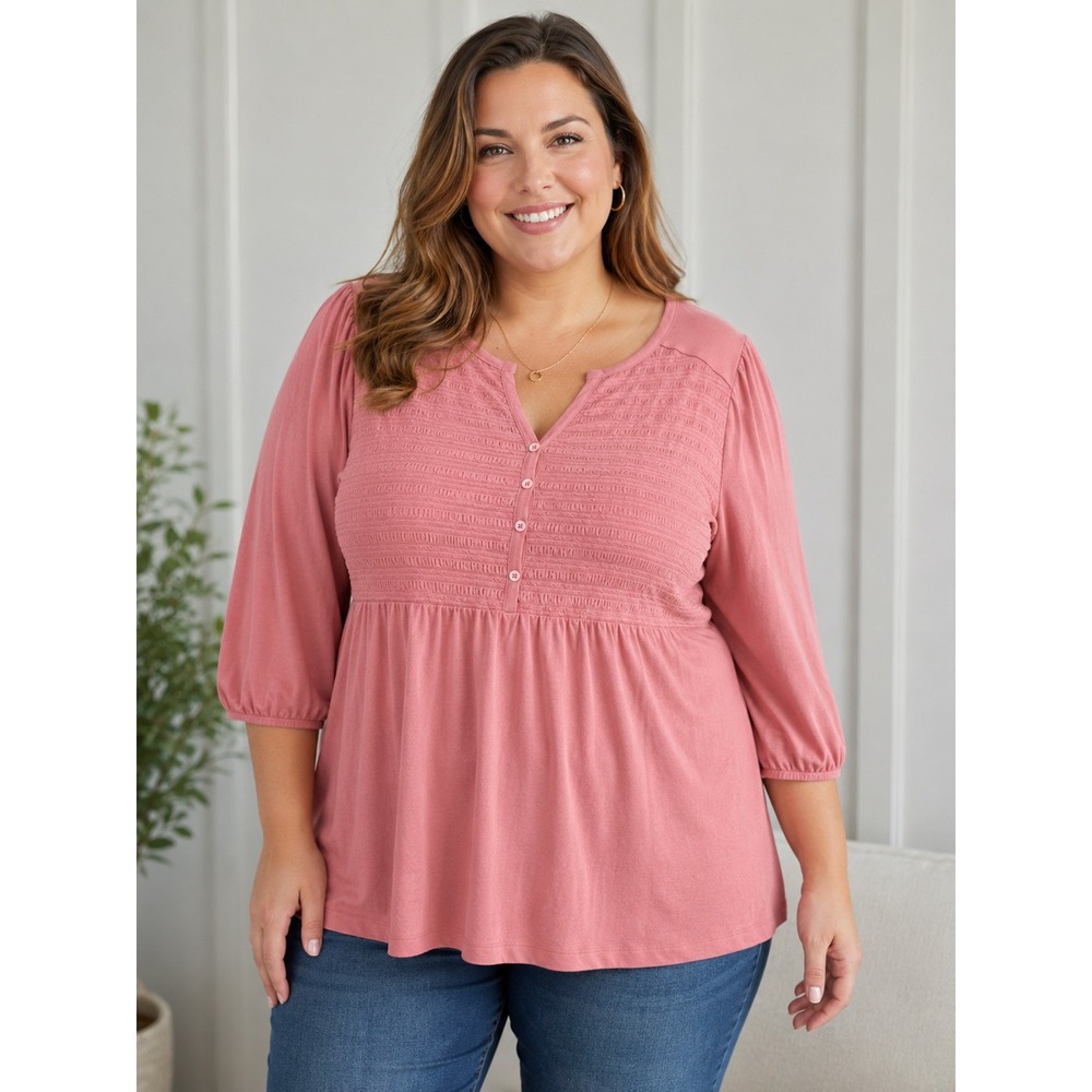 Cato Contour Fit Mauve Pink Smocked Peplum Top 3/4 Sleeve Plus Size 18/20W NEW